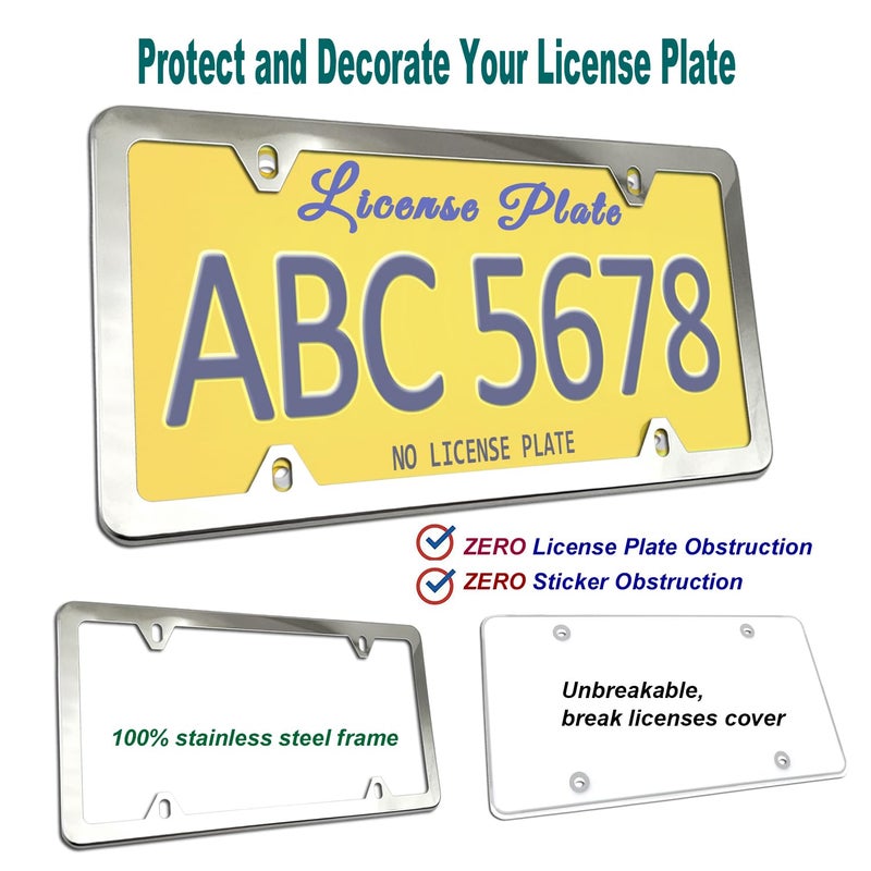BGGTMO License Plate Cover and Frame Combo- Clear License Plate Cover and Stainless Steel Car Tag Holder, Flat Bubble Unbreakable Protector, Fit US Universal Front or Rear Bracket, Mount Screws, Caps - Image 2